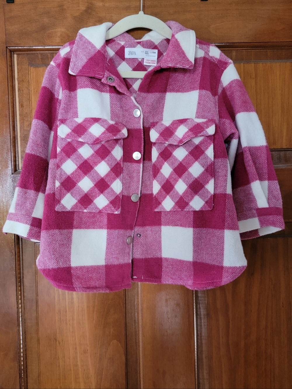 ZARA Pink and Cream Plaid Button-Front Shacket Overshirt - Size 3-4 Years